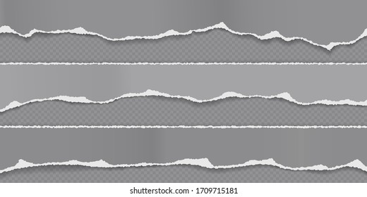 Torn, ripped pieces of horizontal grey paper with soft shadow are on squared background for text. Vector illustration
