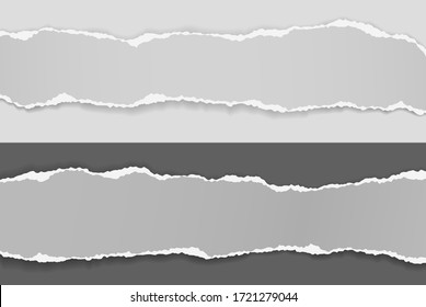 Torn, ripped pieces of horizontal grey paper with soft shadow are on white and black background for text. Vector illustration