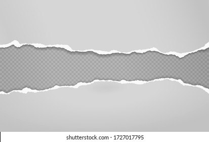 Torn, ripped pieces of horizontal grey paper with soft shadow are on squared background for text. Vector illustration