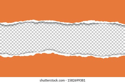 Torn, ripped pieces of horizontal orange paper with soft shadow are on squared background. Vector illustration