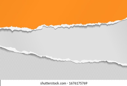 Torn, ripped pieces of horizontal orange and white paper with soft shadow are on grey squared background for text. Vector illustration