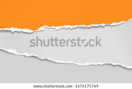 Torn, ripped pieces of horizontal orange and white paper with soft shadow are on grey squared background for text. Vector illustration