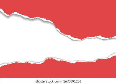 Torn, ripped pieces of horizontal red paper with soft shadow are on white background for text. Vector illustration