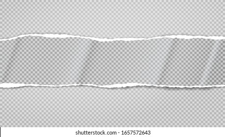 Torn, ripped pieces of horizontal wavy paper with soft shadow is on squared grey background for text. Vector illustration