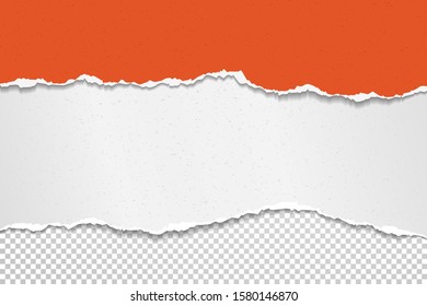 Torn, ripped pieces of horizontal white, red and grainy paper with soft shadow are on squared background. Vector illustration