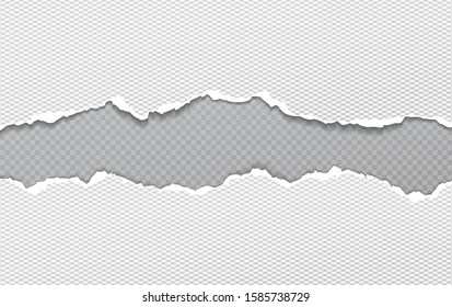 Torn, ripped pieces of horizontal white paper with soft shadow are on grey squared background for text. Vector illustration