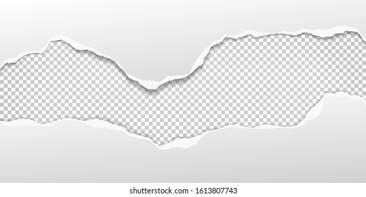 Torn, ripped pieces of horizontal white paper with soft shadow are on squared background for text. Vector illustration