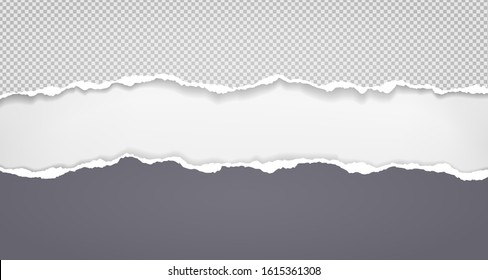 Torn, ripped pieces of horizontal white and squared paper with soft shadow are on white background for text. Vector illustration