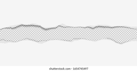 Torn, ripped pieces of horizontal white paper with soft shadow are on grey background for text. Vector illustration