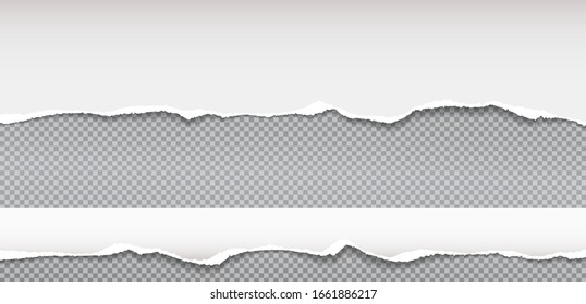 Torn, ripped pieces of horizontal white paper with soft shadow are on grey squared background for text. Vector illustration