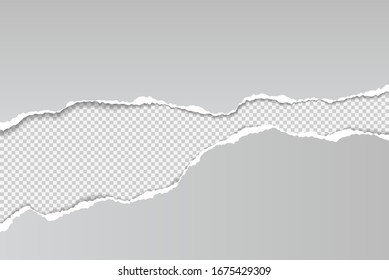 Torn, ripped pieces of horizontal white paper with soft shadow are on squared background for text. Vector illustration