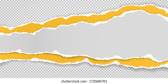 Torn, ripped pieces of horizontal white and yellow paper with soft shadow are on squared grey background for text. Vector illustration