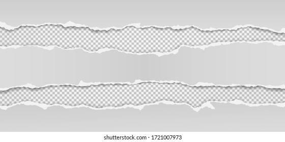 Torn, ripped pieces of horizontal white paper with soft shadow are on squared grey background for text. Vector illustration