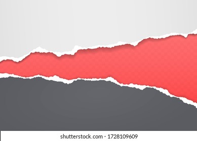 Torn, ripped pieces of horizontal white and black paper with soft shadow are on red squared background for text. Vector illustration