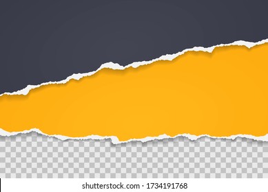 Torn, ripped pieces of horizontal yellow and black paper with soft shadow are on white squared background for text. Vector illustration