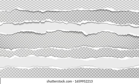 Torn, ripped pieces of white and grey paper with soft shadow are on grey squared background for text. Vector illustration