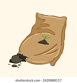 Torn and ripped plant ground soil sack or bag vector illustration isolated on square background. Simple flat cartoon art styled full colored drawing. Media tanam tanah pupuk karung.