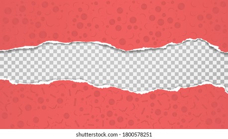 Torn, ripped red paper with pattern of different shapes and soft shadow are on square background for text. Vector illustration