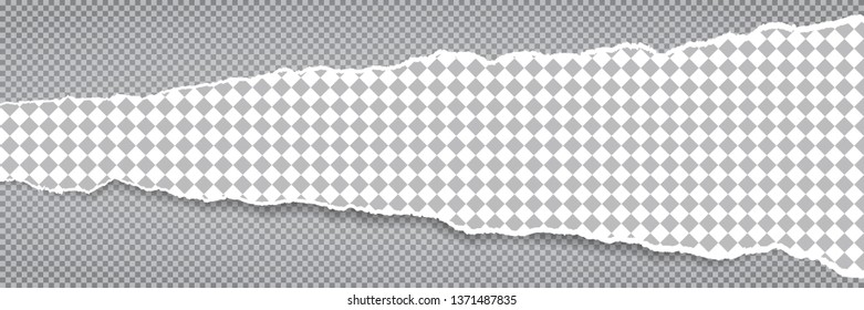 Torn, ripped, squared and horizontal paper strip with soft shadow is on grey background. Vector template illustration