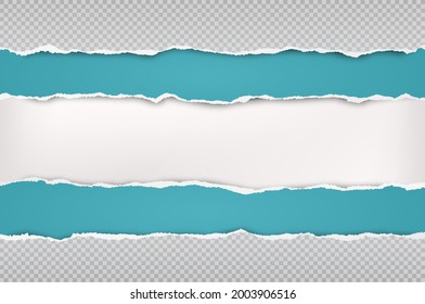 Torn, ripped turquoise and squared paper strips with soft shadow are on white background for text. Vector illustration