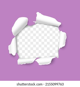 Torn ripped violet background with hole in center for advertising or promotion content. Realistic vector illustration with blank space. Breakthrough concept