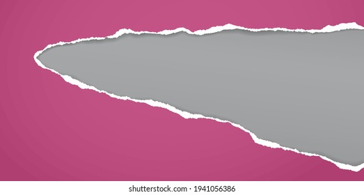 Torn, ripped violet paper strip with soft shadow is on darl grey background for text. Vector illustration