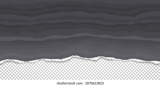 Torn, ripped wavy black and grey paper strip with soft shadow is on squared background for text. Vector illustration