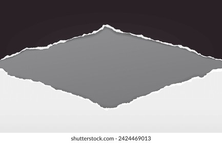 Torn, ripped white, black paper strips with soft shadow are on dark grey background for text. Vector illustration.