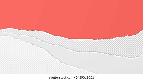 Torn, ripped white and grey paper with soft shadow are on red background for text or ad.