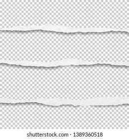 Torn, ripped, white and horizontal paper strips with soft shadow are on squared background. Vector template illustration