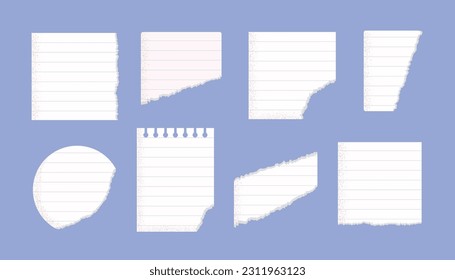 Torn, ripped white lined, scetchbook, math note, notebook paper pieces vector illustrations set.