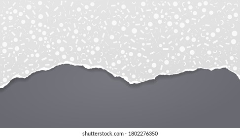 Torn, ripped white paper with pattern of different shapes and soft shadow are on black background for text. Vector illustration