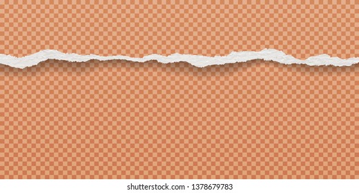 Torn, ripped, white paper strip with soft shadow is on squared orange background. Vector template illustration