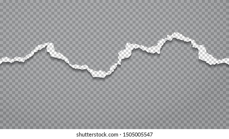 Torn, ripped white paper strip with soft shadow is on squared dark grey background. Vector template illustration