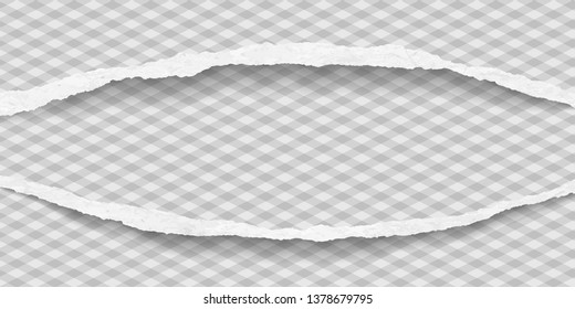 Torn, ripped and white paper strips with soft shadow are on squared background. Vector template illustration