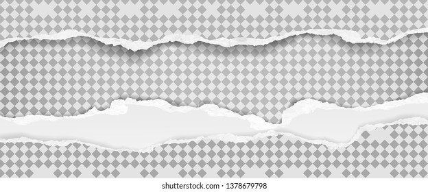 Torn, ripped, white and squared paper strips with soft shadow are on squared background. Vector template illustration
