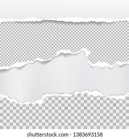 Torn, ripped, white and squared paper with soft shadow are on white background. Vector template illustration