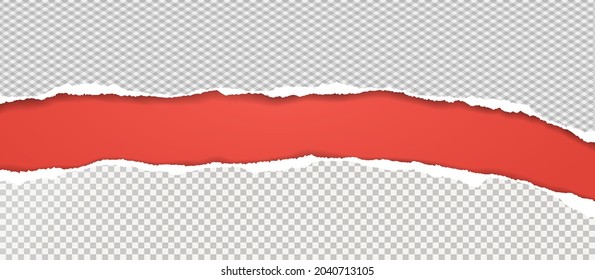 Torn, ripped white squared paper strips with soft shadow are on red background for text. Vector illustration