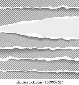 Torn, ripped, white and stright paper strips with soft shadow are on squared background. Vector template illustration