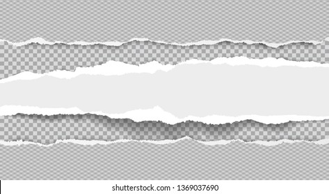 Torn, ripped, white and stright paper strips with soft shadow are on squared background. Vector template illustration