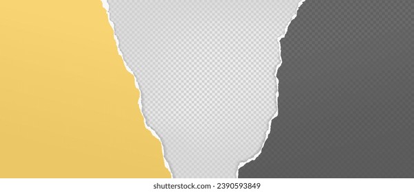 Torn, ripped yellow and dark grey paper strips with soft shadow are on squared background for text.