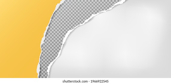 Torn, ripped yellow and grey squared paper strips with soft shadow are on white background for text. Vector illustration