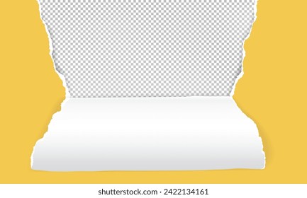 Torn, ripped yellow paper with soft shadow is on transparent background for text or ad.