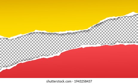 Torn, ripped yellow and red paper strips with soft shadow are on squared background for text. Vector illustration