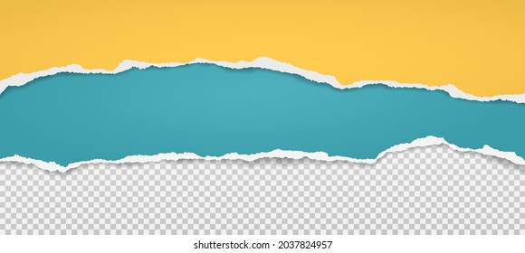 Torn, ripped yellow and turquoise paper strips with soft shadow are on squared background for text. Vector illustration