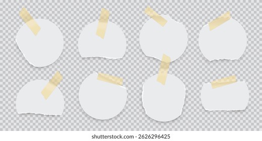 Notas de papel rasgadas com fita adesiva. Círculos de papel rasgado branco isolados no plano de fundo transparente. Coleção de anotações adesivas. Ilustração vetorial realista.