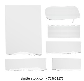 Torn ruled and blank note, notebook, paper strips, sheets speech bubble for text or message stuck on white background.