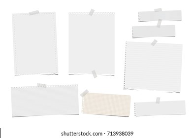 Torn ruled, note, notebook, copybook paper strips, sheets stuck with sticky tape on white background.