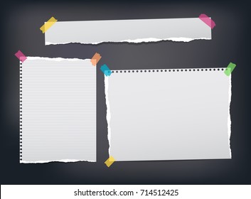 Torn ruled, note, notebook, copybook paper strips, sheets stuck with colorful sticky tape on black background.