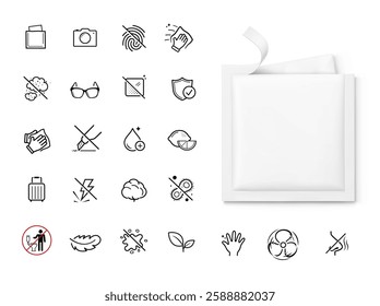 Torn sachet bag mockup for single wet wipe with set icons. Vector illustration isolated on white background. Flat lay view. The outline icons are well scalable and editable. EPS10.